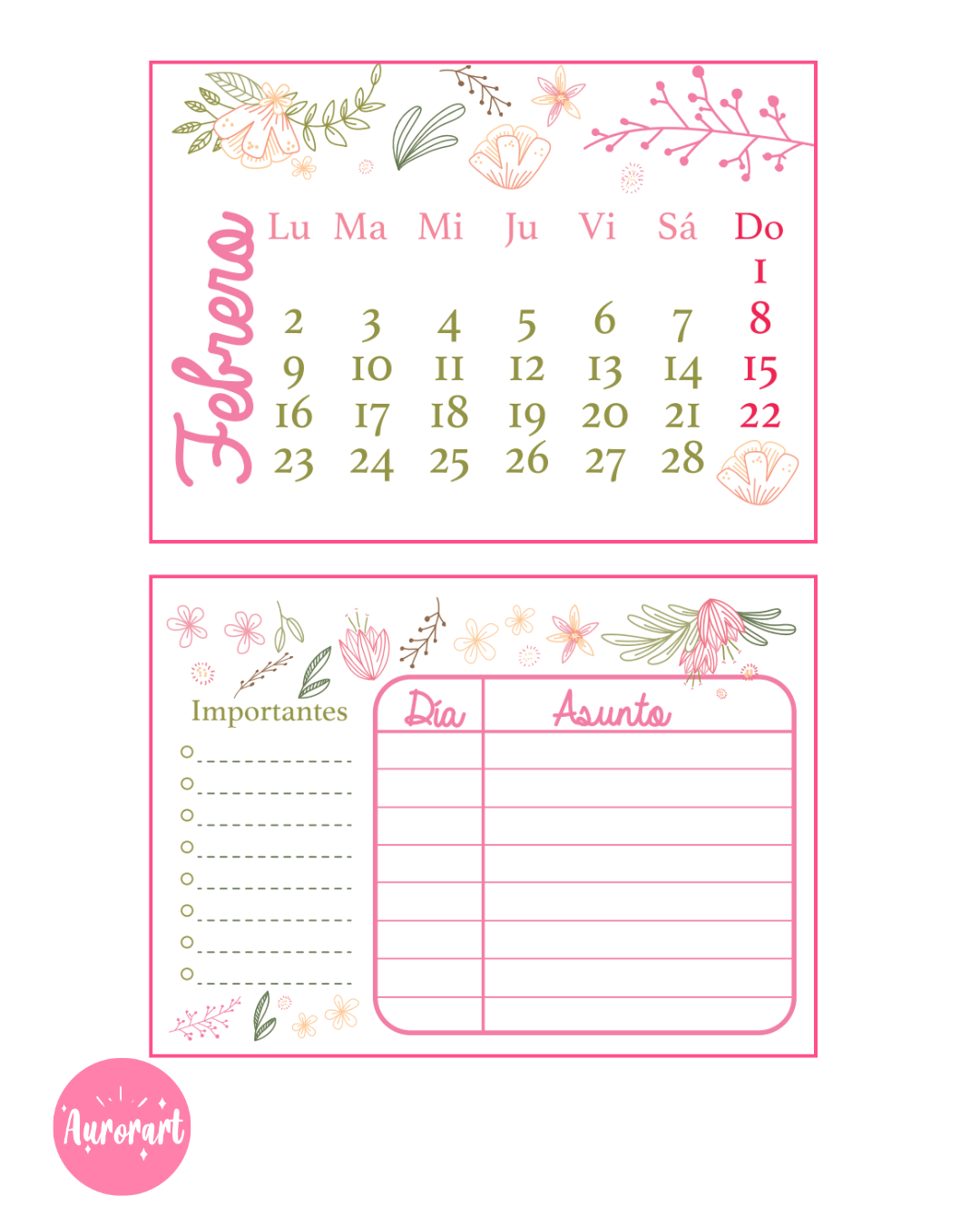 Calendario de escritorio a6 - Diseño floral suave