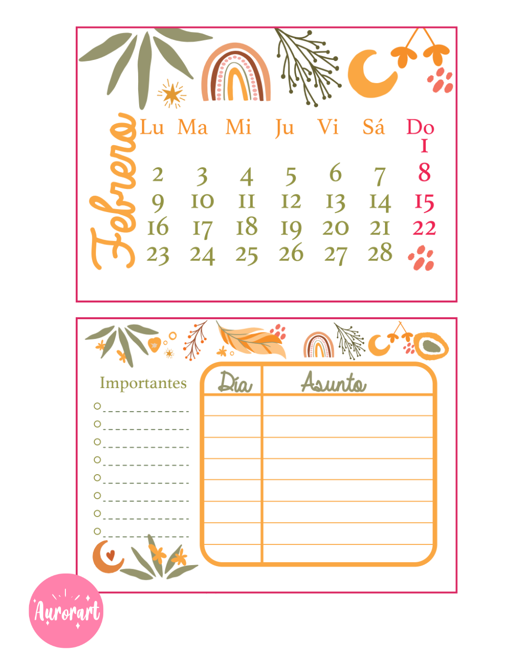 Calendario de escritorio A6 - diseño boho