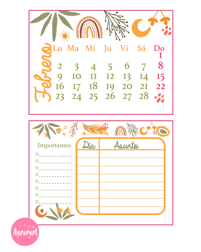 Calendario de escritorio A6 - diseño boho