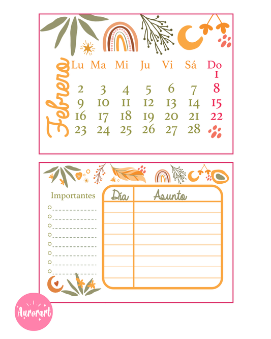 Calendario de escritorio A6 - diseño boho